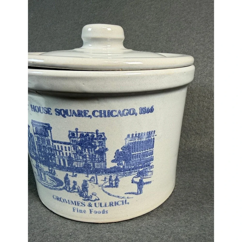 Grommes & Ullrich Fine Foods Chicago‎ 1866 Ceramic Crock with Lid Blue White